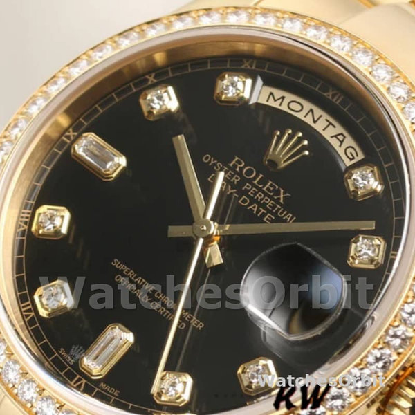 Replica Rolex Day-Date 36mm Unisex-118348 Geelgoud-Zwarte Diamanten Wijzerplaat Zwart<br />