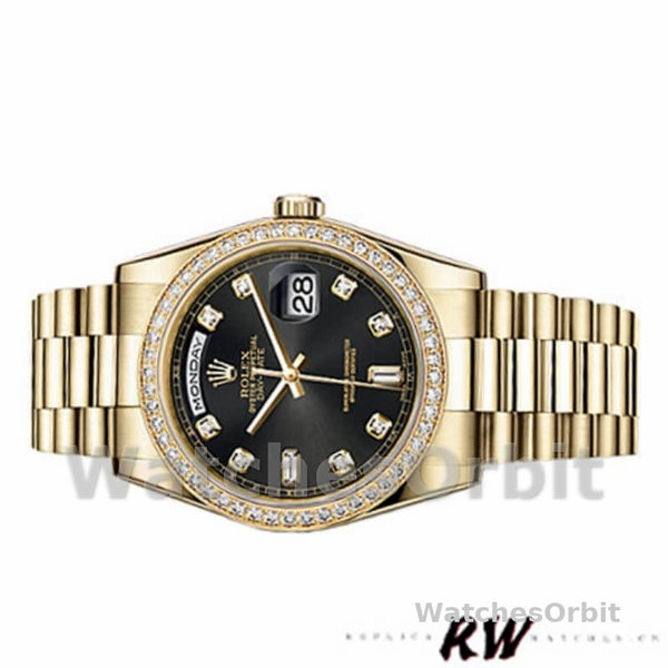 Replica Rolex Day-Date 36mm Unisex-118348 Geelgoud-Zwarte Diamanten Wijzerplaat Zwart<br />