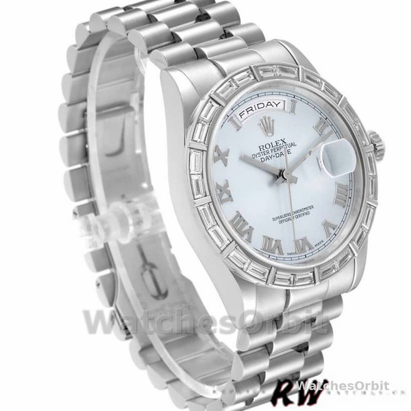 Replique Rolex Day-Date 36mm Unisex-118366-Cadran bleu glacier-Colonne diamant Bleu glacier