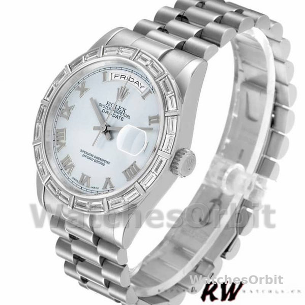 Replique Rolex Day-Date 36mm Unisex-118366-Cadran bleu glacier-Colonne diamant Bleu glacier