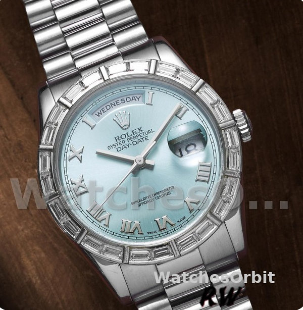 Replique Rolex Day-Date 36mm Unisex-118366-Cadran bleu glacier-Colonne diamant Bleu glacier