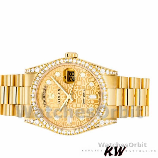 Replica Rolex Unisex's Day-Date 36mm Unisex-118388-Champagne Jubilee Diamond Dial-Geel Goud