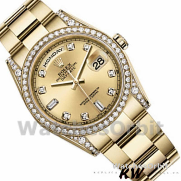 Replica Rolex Day-Date 36mm Unisex-118388-Diamant Bezel-Champagne Wijzerplaat Champagne