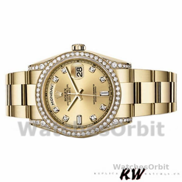 Replica Rolex Day-Date 36mm Unisex-118388-Diamant Bezel-Champagne Wijzerplaat Champagne