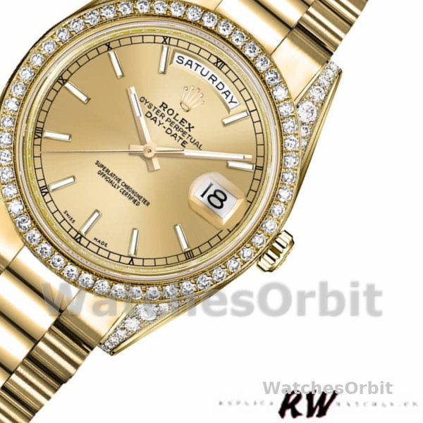 Replica Rolex Day-Date 36mm Unisex-118388-Diamant Bezel-Champagne Index Dial Champagne