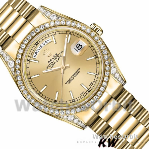 Replica Rolex Day-Date 36mm Unisex-118388-Diamant Bezel-Champagne Index Dial Champagne