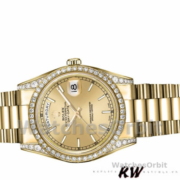 Replica Rolex Day-Date 36mm Unisex-118388-Diamant Bezel-Champagne Index Dial Champagne