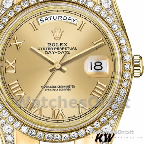 Replica Rolex Day-Date 36mm Unisex-118388-Diamant Bezel-Champagne Romeinse Cijfer Wijzerplaat Champagne