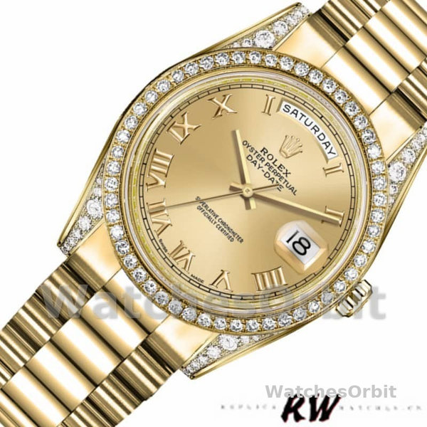 Replica Rolex Day-Date 36mm Unisex-118388-Diamant Bezel-Champagne Romeinse Cijfer Wijzerplaat Champagne
