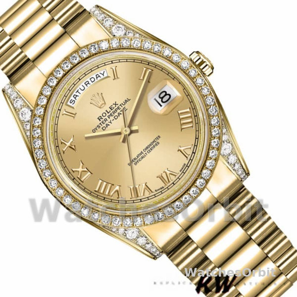 Replica Rolex Day-Date 36mm Unisex-118388-Diamant Bezel-Champagne Romeinse Cijfer Wijzerplaat Champagne