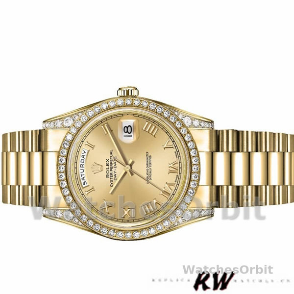 Replica Rolex Day-Date 36mm Unisex-118388-Diamant Bezel-Champagne Romeinse Cijfer Wijzerplaat Champagne