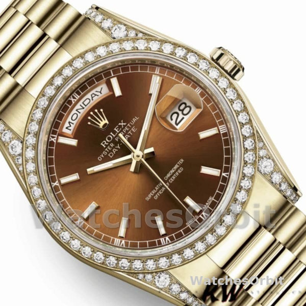 Replica Rolex Day-Date 36mm Unisex-118388-Diamant Bezel-Chocolade Bruin Wijzerplaat Chocolade Bruin <br />