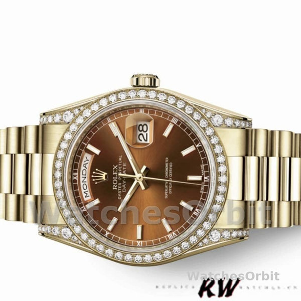 Replica Rolex Day-Date 36mm Unisex-118388-Diamant Bezel-Chocolade Bruin Wijzerplaat Chocolade Bruin <br />
