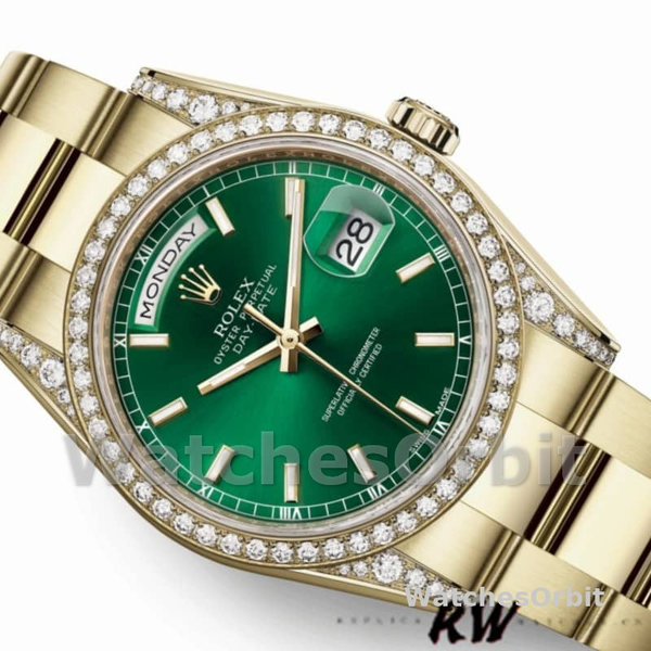 Replica Rolex Day-Date 36mm unisex-118388-diamant-dezel-groen index wijzerplaat groen