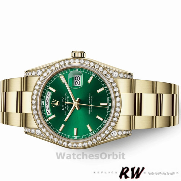 Replica Rolex Day-Date 36mm unisex-118388-diamant-dezel-groen index wijzerplaat groen