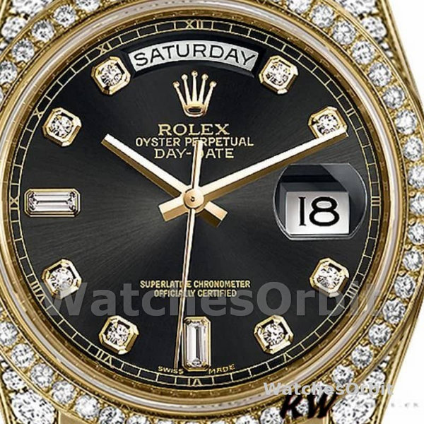 Replica Rolex Day-Date 36mm Unisex-118388 Geelgoud-Zwarte Diamanten Wijzerplaat Zwart