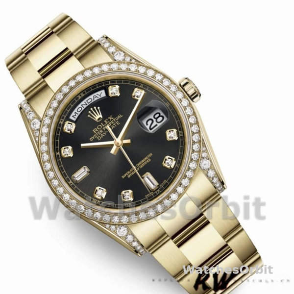 Replica Rolex Day-Date 36mm Unisex-118388 Geelgoud-Zwarte Diamanten Wijzerplaat Zwart