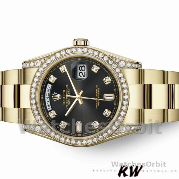 Replica Rolex Day-Date 36mm Unisex-118388 Geelgoud-Zwarte Diamanten Wijzerplaat Zwart