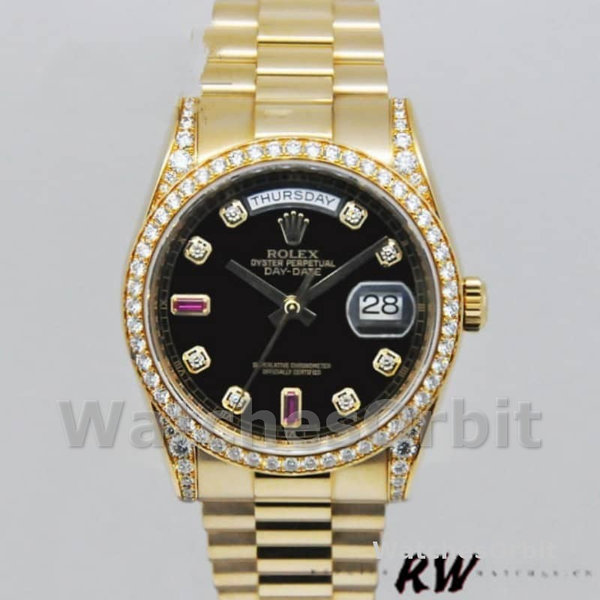 Replica Rolex Day-Date 36mm Unisex-118388 Geelgoud-Zwarte Diamant Robijnen Wijzerplaat Zwart