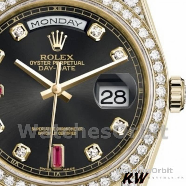 Replica Rolex Day-Date 36mm Unisex-118388 Geelgoud-Zwarte Diamant Robijnen Wijzerplaat Zwart