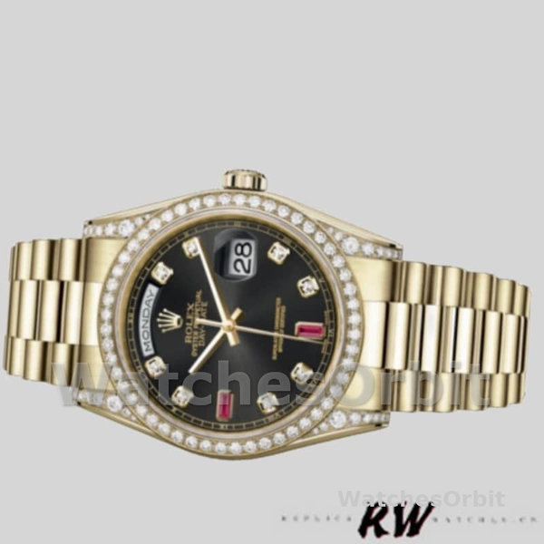 Replica Rolex Day-Date 36mm Unisex-118388 Geelgoud-Zwarte Diamant Robijnen Wijzerplaat Zwart