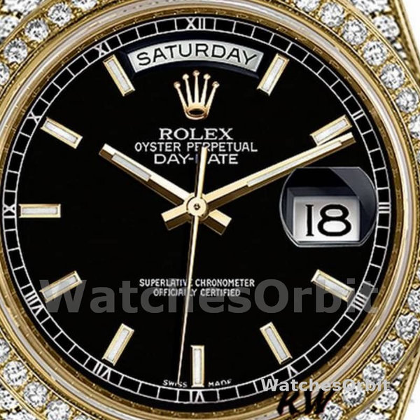 Replica Rolex Day-Date 36mm Unisex-118388 Geelgoud-Zwarte Index Dial Zwart