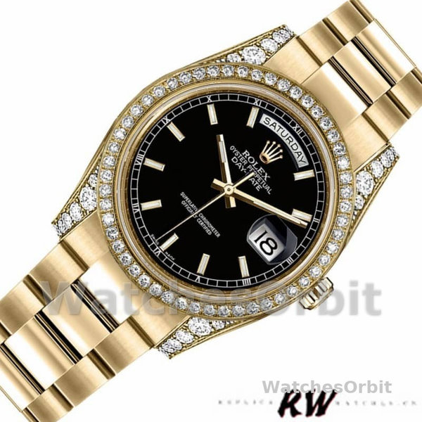 Replica Rolex Day-Date 36mm Unisex-118388 Geelgoud-Zwarte Index Dial Zwart