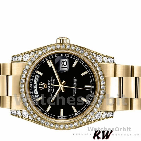 Replica Rolex Day-Date 36mm Unisex-118388 Geelgoud-Zwarte Index Dial Zwart