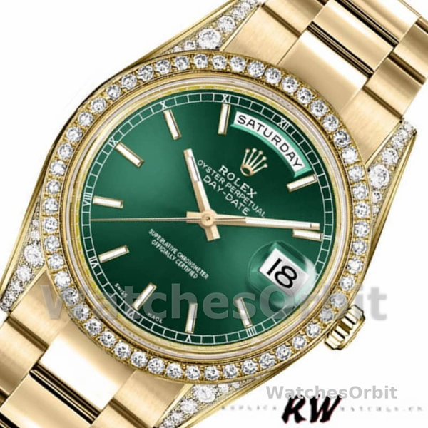 Replica Rolex Day-Date 36mm Unisex-118388 Geelgoud-Groene index wijzerplaat Groen