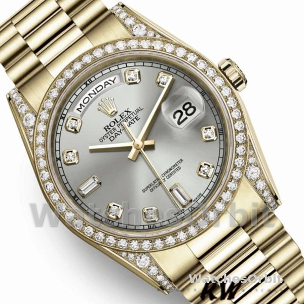 Replica Rolex Day-Date 36mm Unisex-118388 Geelgoud-Zilver Diamanten Wijzerplaat Zilver
