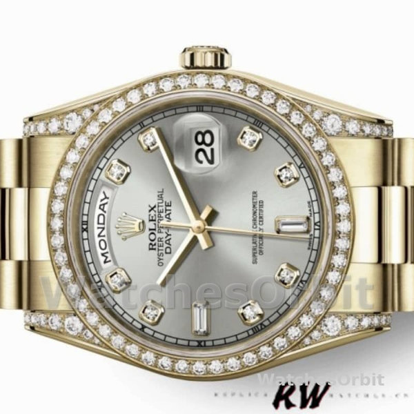 Replica Rolex Day-Date 36mm Unisex-118388 Geelgoud-Zilver Diamanten Wijzerplaat Zilver