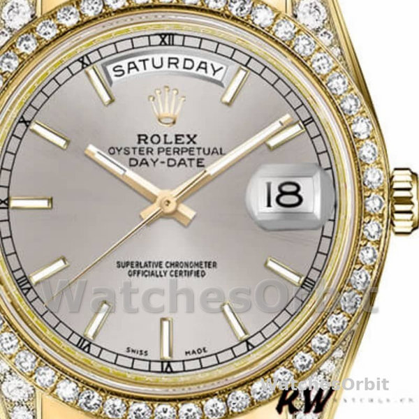 Replica Rolex Day-Date 36mm Unisex-118388 Geelgoud-Zilver Index Dial Zilver