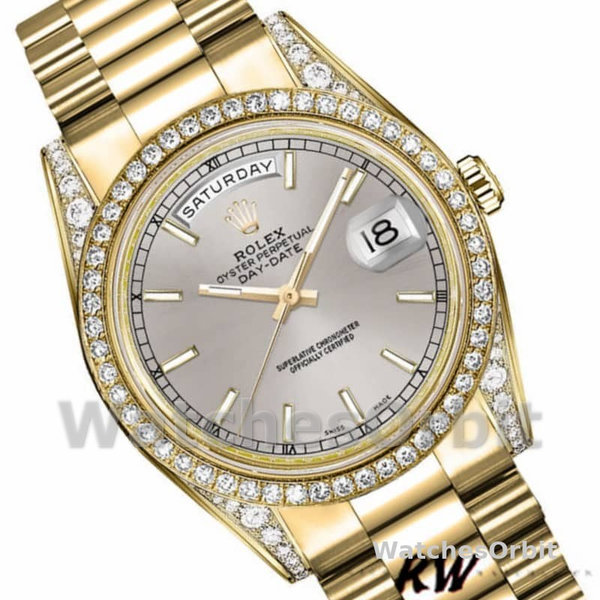 Replica Rolex Day-Date 36mm Unisex-118388 Geelgoud-Zilver Index Dial Zilver
