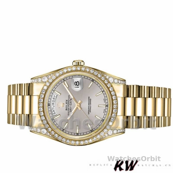 Replica Rolex Day-Date 36mm Unisex-118388 Geelgoud-Zilver Index Dial Zilver