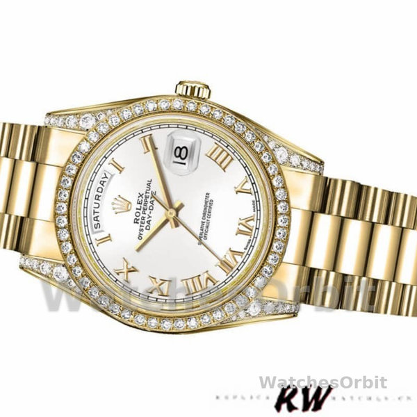 Replica Rolex Day-Date 36mm Unisex-118388 Geelgoud-Witte Wijzerplaat met Romeinse cijfers<br />