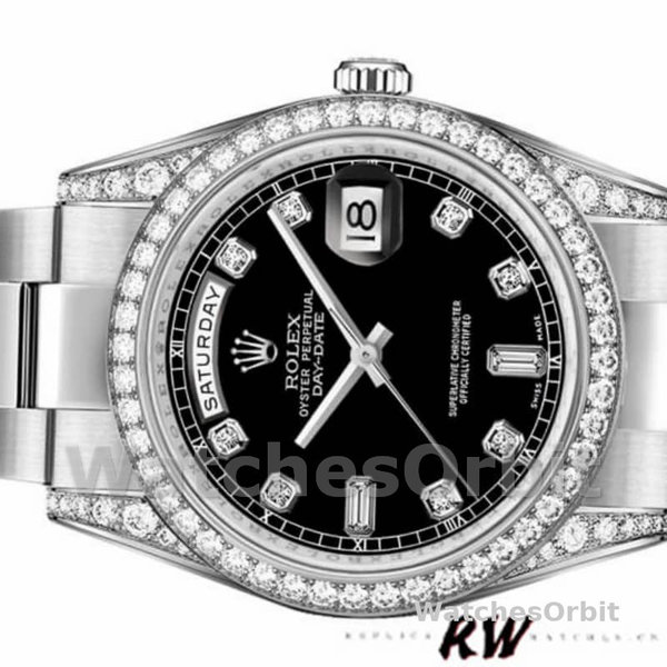 Replica Rolex Day-Date 36mm Unisex-118389-Ghiera con diamanti-Calendario nero Nero<br />