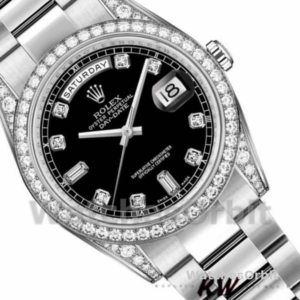 Replica Rolex Day-Date 36mm Unisex-118389-Ghiera con diamanti-Calendario nero Nero<br />