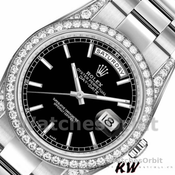 Replique Rolex Day-Date 36mm Unisex-118389-Couronne diamantée-Cadran index noir Noir<br />