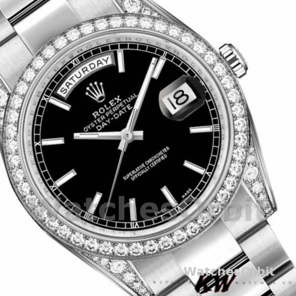 Replique Rolex Day-Date 36mm Unisex-118389-Couronne diamantée-Cadran index noir Noir<br />