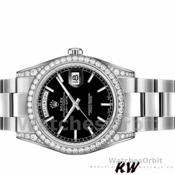 Replique Rolex Day-Date 36mm Unisex-118389-Couronne diamantée-Cadran index noir Noir<br />