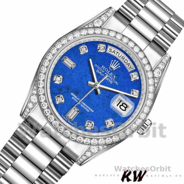 Replica Rolex Day-Date 36mm Unisex-118389-Ghiera di diamanti-Calendario blu di Lapislazzuli Blu<br />
