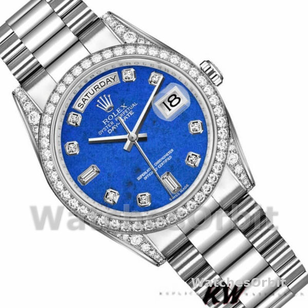 Replica Rolex Day-Date 36mm Unisex-118389-Ghiera di diamanti-Calendario blu di Lapislazzuli Blu<br />
