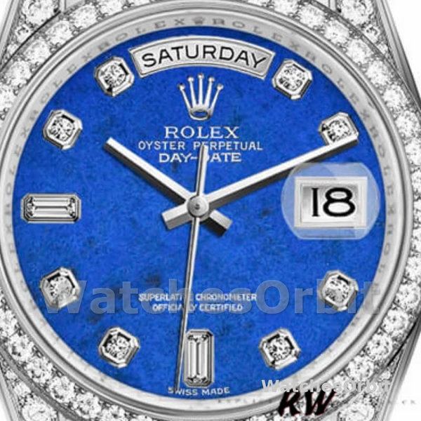 Replica Rolex Day-Date 36mm Unisex-118389-Ghiera di diamanti-Calendario blu di Lapislazzuli Blu<br />