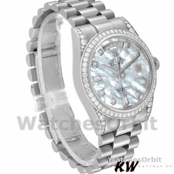 Replica Rolex Day-Date 36mm Unisex-118389-Diamant Bezel-MOP Witte Wijzerplaat MOP