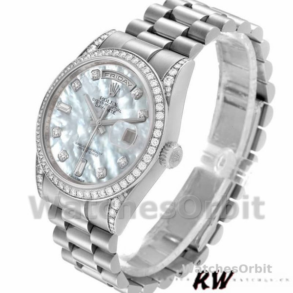 Replica Rolex Day-Date 36mm Unisex-118389-Diamant Bezel-MOP Witte Wijzerplaat MOP