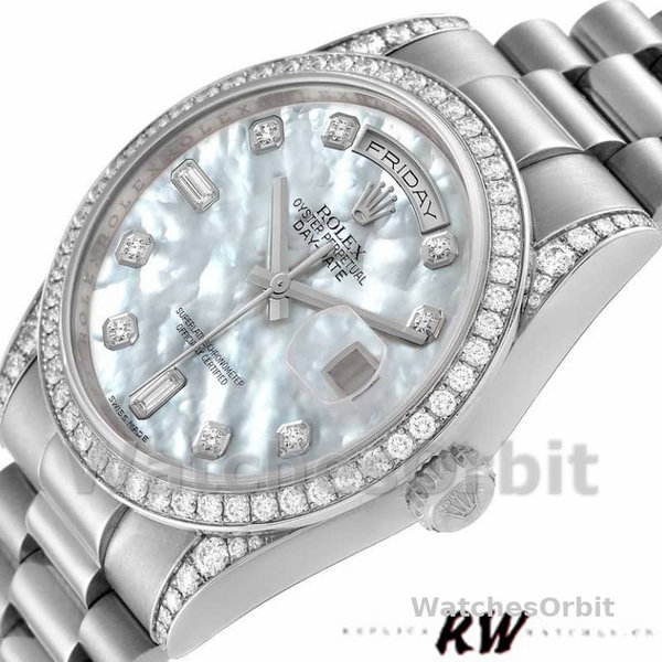 Replica Rolex Day-Date 36mm Unisex-118389-Diamant Bezel-MOP Witte Wijzerplaat MOP