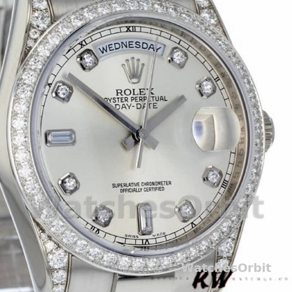 Replica Rolex Day-Date 36mm Unisex-118389-Argento Quadrante diamante Argento