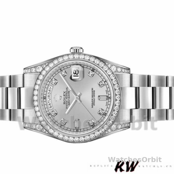 Replica Rolex Day-Date 36mm Unisex-118389-Argento Quadrante diamante Argento