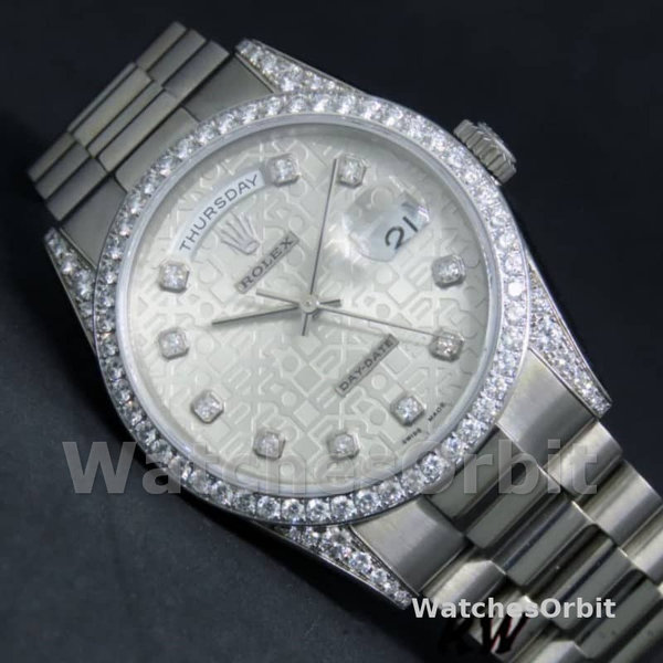 Replica Rolex Day-Date 36 mm Unisex-118389-Argento Giubileo Quadrante di diamanti Argento