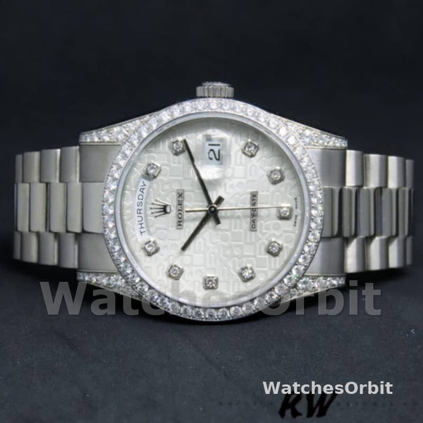 Replica Rolex Day-Date 36 mm Unisex-118389-Argento Giubileo Quadrante di diamanti Argento